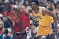 1 Feb 1998:  Guard Michael Jordan of the Chicago Bulls (left) and guard Kobe Bryant of the Los Angeles Lakers look on during a game at the Great Western Forum in Inglewood, California.  The Lakers won the game, 112-87. Mandatory Credit: Jed Jacobsohn  /Al