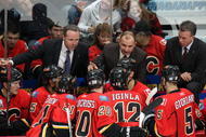CALGARY, CANADA - OCTOBER 28:  Head Coach Brent Sutter of the Calgary Flames instructs his players during a break in game action against the Colorado Avalanche on October 28, 2009 at the Pengrowth Saddledome in Calgary, Alberta, Canada.  The Avalanche defeated the Flames 3-2. (Photo by Dale MacMillan/Getty Images)