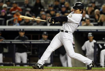 NEW YORK - NOVEMBER 04:  Hideki Matsui #55 of the New York Yankees hits a 2-run double in the bottom of the fifth inning against the Philadelphia Phillies in Game Six of the 2009 MLB World Series at Yankee Stadium on November 4, 2009 in the Bronx borough of New York City.  (Photo by Nick Laham/Getty Images)