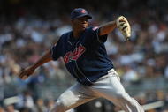 NEW YORK - APRIL 18:  Fausto Carmona #55 of the Cleveland Indians pitches against the New York Yankees at Yankee Stadium on April 18, 2009 in the Bronx borough of New York City.  (Photo by Nick Laham/Getty Images)
