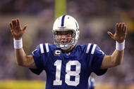 INDIANAPOLIS, IN - DECEMBER 27: Peyton Manning #18 of the Indianapolis Colts looks on against the New York Jets at Lucas Oil Stadium on December 27, 2009 in Indianapolis, Indiana. The Jets handed the Colts their first loss of the season, 29-15. (Photo by Joe Robbins/Getty Images)