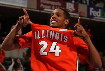 INDIANAPOLIS - MARCH 15:  Mike Davis #24 of the Illinois Fighting Illini celebrates Illinois' 54-50 win against the Minnesota Golden Gophers during their semifinal game on Day 3 of the Big Ten Men's Basketball Tournament at Conseco Fieldhouse on March 15, 2008 in Indianapolis, Indiana.  (Photo by Jonathan Daniel/Getty Images)