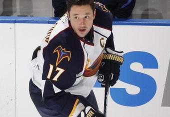 SUNRISE, FL - DECEMBER 5: Ilya Kovalchuk #17 of the Atlanta Thrashers warms up prior to the game against the Florida Panthers on December 5, 2009 at the BankAtlantic Center in Sunrise, Florida. (Photo by Joel Auerbach/Getty Images)