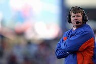 BOISE, ID - NOVEMBER 20: Boise State head coach Dan Hawkins looks on from the sideline during their game against Louisiana Tech at Bronco Stadium on November 20, 2004 in Boise, Idaho. Boise State defeated Louisiana Tech 55-14. (Photo by Jeff Gross/Getty Images)