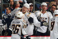 COLUMBUS, OH - DECEMBER 14: Steve Sullivan #26 of the Nashville Predators celebrates his goal at 3:52 of the first period against the Columbus Blue Jackets at the Nationwide Arena on December 14, 2009 in Columbus, Ohio. The Predators defeated the Blue Jackets 5-3. (Photo by Bruce Bennett/Getty Images)