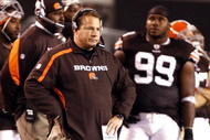CLEVELAND - NOVEMBER 16:  Eric Mangini head coach of the Cleveland Browns watches his team against the Baltimore Ravens at Cleveland Browns Stadium on November 16, 2009 in Cleveland, Ohio.  (Photo by Matt Sullivan/Getty Images)