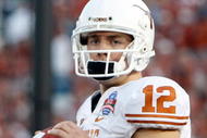 PASADENA, CA - JANUARY 07:  Quarterback Colt McCoy #12 of the Texas Longhorns looks on before taking on the Alabama Crimson Tide in the Citi BCS National Championship game at the Rose Bowl on January 7, 2010 in Pasadena, California.  (Photo by Jeff Gross/Getty Images)
