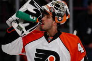 NEW YORK - DECEMBER 30: Goalkeeper Michael Leighton #49 of the Philadelphia Flyers takes a drink while waiting for play to resume against the New York Rangers during their game on December 30, 2009 at Madison Square Garden in New York City. (Photo by Chris McGrath/Getty Images)