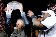 PASADENA, CA - JANUARY 07:  Head coach Nick Saban and the Alabama Crimson Tide celebrates with the BCS Championship trophy after winning the Citi BCS National Championship game over the Texas Longhorns at the Rose Bowl on January 7, 2010 in Pasadena, California. The Crimson Tide defeated the Longhorns 37-21.  (Photo by Kevork Djansezian/Getty Images)