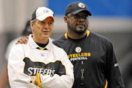 PITTSBURGH - MAY 01:  Head coach Mike Tomlin of the Pittsburgh Steelers watches practice alongside defensive coordinator Dick LeBeau during rookie training camp at the Pittsburgh Steelers Practice Facility on May 1, 2009 in Pittsburgh, Pennsylvania.  (Photo by Joe Sargent/Getty Images)