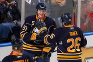 BUFFALO, NY - JANUARY 08: Tyler Myers #57 and Thomas Vanek #26 of the Buffalo Sabres celebrate Myers' second goal of the game against the Toronto Maple Leafs at HSBC Arena on January 8, 2010 in Buffalo, New York. (Photo by Rick Stewart/Getty Images)