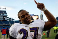FOXBORO, MA - JANUARY 10:  Ray Rice #27 of the Baltimore Ravens celebrates as he walks off of the field after their 33-14 win against the New England Patriots during the 2010 AFC wild-card playoff game at Gillette Stadium on January 10, 2010 in Foxboro, Massachusetts.  (Photo by Elsa/Getty Images)