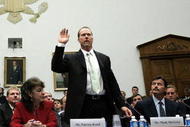 WASHINGTON - MARCH 17:  Baseball player Mark McGwire is sworn in as Sammy Sosa (L) and Rafael Palmeiro and Curt Schilling (R) look on March 17, 2005 during a House committee that is investigating the efforts by Major League Baseball to eradicate steroid use among its players in Washington, DC. Major League Baseball (MLB) Commissioner Allan 'Bud' Selig will give testimony regarding MLB?s efforts to eradicate steriod usage among its players. (Photo by Doug Mills-Pool/Getty Images) 