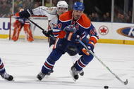 EDMONTON, CANADA - DECEMBER 17: Sheldon Souray #44 and Sam Gagner #89 of the Edmonton Oilers break up ice against the Nashville Predators on December 17, 2009 at Rexall Place in Edmonton, Alberta, Canada. (Photo by Dale MacMillan/Getty Images)