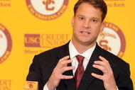 LOS ANGELES, CA - JANUARY 13: New head coach of the USC Trojans Lane Kiffin speaks to the media during a press conference at Heritage Hall January 13, 2010 in Los Angeles, California. (Photo by Harry How/Getty Images)
