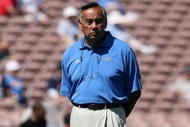 PASADENA, CA - SEPTEMBER 20: Offensive Coordinatorm Norm Chow of the UCLA Bruins watches warm ups before the college football game against the Arizona Wildcats at the Rose Bowl on September 13, 2008 in Pasadena, California. The Wildcats defeated the Bruins 31-10. (Photo by Christian Petersen/Getty Images)