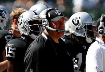 OAKLAND, CA - AUGUST 29:  Head coach Tom Cable of the Oakland Raiders looks on from the sideline during the preseason game against the New Orleans Saints at Oakland-Alameda County Coliseum on August 29, 2009 in Oakland, California. (Photo by Jed Jacobsohn/Getty Images)