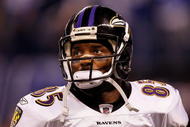 INDIANAPOLIS - JANUARY 16:  Derrick Mason #85 of the Baltimore Ravens looks on against the Indianapolis Colts in the AFC Divisional Playoff Game at Lucas Oli Stadium on January 16, 2010 in Indianapolis, Indiana.  The Colts defeated the Ravens 20-3.  (Photo by Jonathan Daniel/Getty Images)