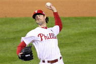 PHILADELPHIA - OCTOBER 31:  Starting pitcher Cole Hamels #35 of the Philadelphia Phillies pitches against the New York Yankees in Game Three of the 2009 MLB World Series at Citizens Bank Park on October 31, 2009 in Philadelphia, Pennsylvania.  (Photo by Jed Jacobsohn/Getty Images)