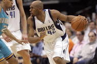 DALLAS - APRIL 25: Jerry Stackhouse #42 of the Dallas Mavericks drives against Jannero Pargo #2 of the New Orleans Hornets in Game Three of the Western Conference Quarterfinals during the 2008 NBA Playoffs at the American Airlines Center on April 25, 2008 in Dallas, Texas.  (Photo by Layne Murdoch/Getty Images)
