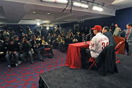 PHILADELPHIA - DECEMBER 16: Pitcher Roy Halladay of the Philadelphia Phillies and senior vice president and general manager Ruben Amaro, Jr. answer questions from the media on December 16, 2009 at Citizens Bank Park in Philadelphia, Pennsylvania. (Photo by Drew Hallowell/Getty Images)