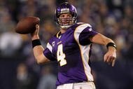 MINNEAPOLIS - JANUARY 17:  Quarterback Brett Favre #4 of the Minnesota Vikings throws a pass against the Dallas Cowboys during the fourth quarter of the NFC Divisional Playoff Game at Hubert H. Humphrey Metrodome on January 17, 2010 in Minneapolis, Minnesota.  The Vikings defeated the Cowboys 34-3.  (Photo by Chris McGrath/Getty Images)