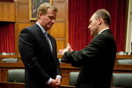 WASHINGTON - NOVEMBER 03: National Football League Commissioner Roger Goodell (L) talks with Rep. Steve Scalise (R-LA) before testifying on Capitol Hill on November 3, 2009 in Washington, DC. The hearing focused on doping in professional sports.(Photo by Brendan Hoffman/Getty Images)