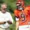 GEORGETOWN, KY - JULY 28:  Quarterback Carson Palmer #9 and offensive coordinator Bob Bratkowski of the Cincinnati Bengals talk during training camp at Georgetown College on July 28, 2003 in Georgetown, Kentucky. (Photo by Andy Lyons/Getty Images)