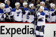 MONTREAL- JANUARY 20:  Alexander Steen #20 of the St. Louis Blues celebrates his first period goal with team mates during the NHL game against the Montreal Canadiens on January 20, 2010 at the Bell Centre in Montreal, Quebec, Canada.  (Photo by Richard Wolowicz/Getty Images)