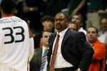 CORAL GABLES, FL - DECEMBER 02:  Head coach Frank Haith looks at Jack McClinton #33 of the Miami Hurricanes as he leaves the court after being ejected while taking on the Ohio State Buckeyes at BankUnited Center on December 2, 2008 in Coral Gables, Florida. McClinton was called for a flagrant foul on the play and ejected midway through the first half.  (Photo by Doug Benc/Getty Images)