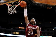 LOS ANGELES, CA - MARCH 12:  Forward DeAngelo Casto #23 of the Washington State Cougars goes up for a dunk against the UCLA Bruins in the Pacific Life Pac-10 Men's Basketball Tournament at the Staples Center on March 12, 2009 in Los Angeles, California.  (Photo by Harry How/Getty Images)