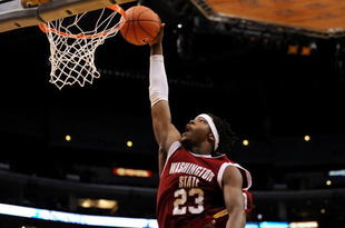 LOS ANGELES, CA - MARCH 12:  Forward DeAngelo Casto #23 of the Washington State Cougars goes up for a dunk against the UCLA Bruins in the Pacific Life Pac-10 Men's Basketball Tournament at the Staples Center on March 12, 2009 in Los Angeles, California.  (Photo by Harry How/Getty Images)