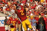 LOS ANGELES - NOVEMBER 14: Safety Taylor Mays #2 ofthe USC Trojans breaks up a pass in the end zone on the final play of the first half aganst the Stanford Cardinal on November 14, 2009 at the Los Angeles Coliseum in Los Angeles, California. Stanford won 55-21. (Photo by Stephen Dunn/Getty Images)