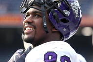 SAN DIEGO - NOVEMBER 07:  Defensive end Jerry Hughes #98 of the Texas Christian University Horned Frogs on the sidelines in the game with the San Diego State Aztecs on November 7, 2009 at Qualcomm Stadium in San Diego, California.   TCU won 55-12.  (Photo by Stephen Dunn/Getty Images)