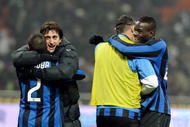 MILAN, ITALY - JANUARY 24:   Diego Milto and Mario Balotelli of FC Internazionale Milano celebrate after the Serie A match between Inter Milan and AC Milan at Stadio Giuseppe Meazza on January 24, 2010 in Milan, Italy.  (Photo by Claudio Villa/Getty Images)