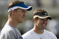 JACKSON, MS - AUGUST 26: Quarterbacks Peyton Manning of the Indianapolis Colts and Drew Brees of the New Orleans Saints share a laugh before the game on August 26, 2006 at Veterans Memorial Stadium in Jackson, Mississippi. The Colts won 27-14. (Photo by Wesley Hitt/Getty Images)