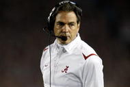 PASADENA, CA - JANUARY 07:  Head Coach Nick Saban of the Alabama Crimson Tide reacts during the Citi BCS National Championship game against the Texas Longhorns at the Rose Bowl on January 7, 2010 in Pasadena, California.  (Photo by Jeff Gross/Getty Images)