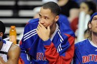 AUBURN HILLS, MI - APRIL 26:  (L-R) Arron Afflalo #28, Tayshaun Prince #22 and Walter Herrmann #5 of the Detroit Pistons sit on the bench in Game Four of the Eastern Conference Quarterfinals against the Cleveland Cavaliers during the 2009 NBA Playoffs at the Palace of Auburn Hills on April 26, 2009 in Auburn Hills, Michigan.  The Cavaliers won 99-78.  NOTE TO USER: User expressly acknowledges and agrees that, by downloading and or using this photograph, User is consenting to the terms and conditions of the Getty Images License Agreement.  (Photo by Gregory Shamus/Getty Images)