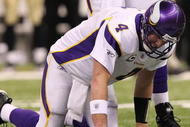 NEW ORLEANS - JANUARY 24:  Brett Favre #4 of  the Minnesota Vikings reacts after taking a hard hit in the second half against the New Orleans Saints during the NFC Championship Game at the Louisiana Superdome on January 24, 2010 in New Orleans, Louisiana.  (Photo by Jed Jacobsohn/Getty Images)