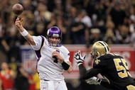 NEW ORLEANS - JANUARY 24:  Brett Favre #4 of the Minnesota Vikings drops back to pass against Scott Fujita #55 of the New Orleans Saints during the NFC Championship Game at the Louisana Superdome on January 24, 2010 in New Orleans, Louisiana.  (Photo by Jed Jacobsohn/Getty Images)