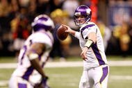 NEW ORLEANS - JANUARY 24:  Brett Favre #4 of the Minnesota Vikings throws a pass against the New Orleans Saints during the NFC Championship Game at the Louisiana Superdome on January 24, 2010 in New Orleans, Louisiana. The Saints won 31-28 in overtime.  (Photo by Chris Graythen/Getty Images)