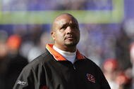 BALTIMORE - DECEMBER 5: Wide receivers coach Hue Jackson of the Cincinnati Bengals looks on before the game against the Baltimore Ravens at M&T Bank Stadium on December 5, 2004 in Baltimore, Maryland. The Bengals defeated the Ravens 27-26. (Photo by Doug Pensinger/Getty Images)