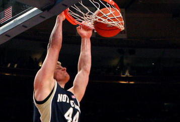 NEW YORK - MARCH 11:  Luke Harangody #44 of the Notre Dame Fighting Irish dunks the ball against the West Virginia Mountaineers during the second round of the Big East Tournament at Madison Square Garden on March 11, 2009 in New York City.  (Photo by Jim McIsaac/Getty Images)