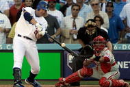 LOS ANGELES, CA - OCTOBER 16:  Jim Thome #25 of the Los Angeles Dodgers hits a single in the eighth inning against the Philadelphia Phillies in Game Two of the NLCS during the 2009 MLB Playoffs at Dodger Stadium on October 16, 2009 in Los Angeles, California.  (Photo by Kevork Djansezian/Getty Images)
