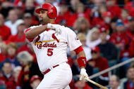 ST. LOUIS , MO - OCTOBER 10:  :  Albert Pujols #5 of the St. Louis Cardinals in Game Three of the NLDS during the 2009 MLB Playoffs at Busch Stadium on October 10, 2009 in St. Louis, Missouri.  (Photo by Ronald Martinez/Getty Images)