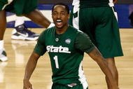 DETROIT - APRIL 04:  Kalin Lucas #1 of the Michigan State Spartans reacts in the second half while taking on the Connecticut Huskies during the National Semifinal game of the NCAA Division I Men's Basketball Championship at Ford Field on April 4, 2009 in Detroit, Michigan.  (Photo by Streeter Lecka/Getty Images)