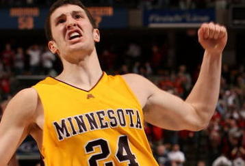INDIANAPOLIS - MARCH 14:  Blake Hoffarber #24 of the Minnesota Golden Gophers celebrates after he made a buzzer-beater for the game-winning shot at the end of regulation to win 59-58 against the Indiana Hoosiers during the Big Ten Men's Basketball Tournament at Conseco Fieldhouse on March 14, 2008 in Indianapolis, Indiana.  (Photo by Jonathan Daniel/Getty Images)