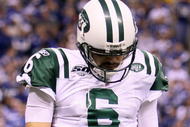 INDIANAPOLIS - JANUARY 24:  Quarterback Mark Sanchez #6 of the New York Jets reacts in the second half against the Indianapolis Colts during the AFC Championship Game at Lucas Oil Stadium on January 24, 2010 in Indianapolis, Indiana. The Colts defeated the Jets 30-17.  (Photo by Andy Lyons/Getty Images)