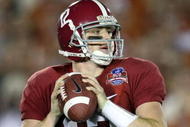 PASADENA, CA - JANUARY 07: Quarterback Greg McElroy #12 of the Alabama Crimson Tide throws the ball against the Texas Longhorns in the second half of the Citi BCS National Championship game at the Rose Bowl on January 7, 2010 in Pasadena, California. (Photo by Stephen Dunn/Getty Images)