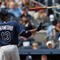 NEW YORK - SEPTEMBER 07:  Carl Crawford #13 of the Tampa Bay Rays throws hit bat in the air during the game against the New York Yankees on September 7, 2009 at Yankee Stadium in the Bronx borough of New York City.  (Photo by Jared Wickerham/Getty Images)